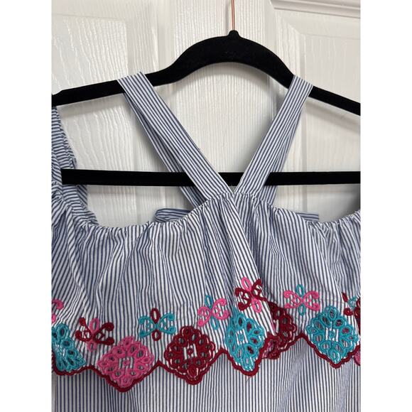 Loft ruffled embroidery off shoulder blue white stiped fiesta halter dress small - Picture 6 of 12